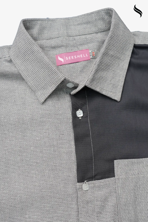 SEESHELL Men's Shirt Short Sleeve Cotton Blue Grey (Blue & Grey Color) 03