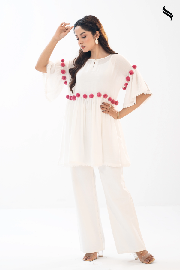 White Cheese Cotton Pompom Dress (White Color) 02