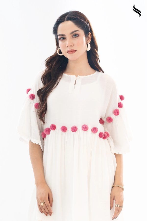 White Cheese Cotton Pompom Dress (White Color) 03