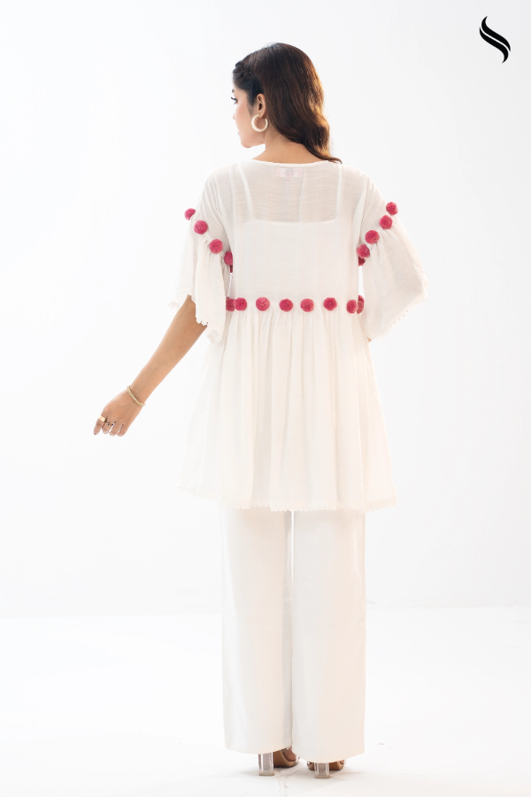 White Cheese Cotton Pompom Dress (White Color) 04