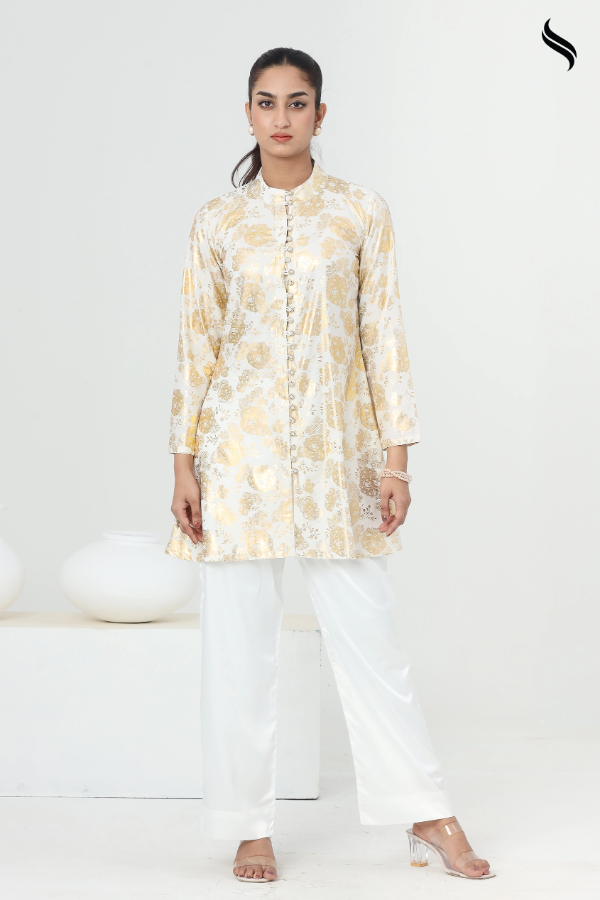 SEESHELL Women's Co-Ord CottonLustrous Gold Foil White