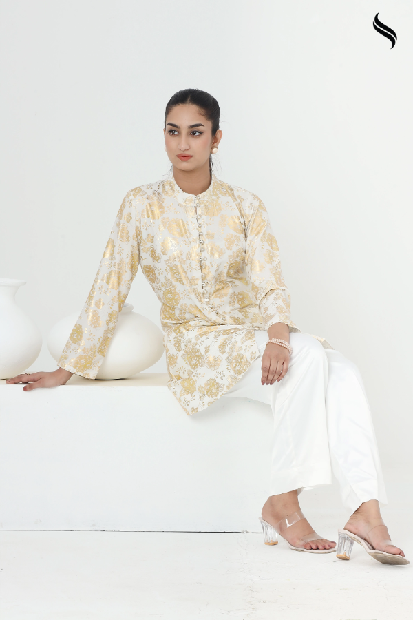 SEESHELL Women's Co-Ord CottonLustrous Gold Foil White (White Color) 02