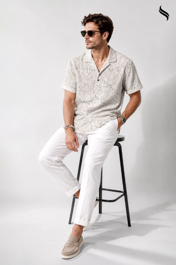 SEESHELL Men's Katua Cuban Shirt Blended Cotton White Grey (White- Grey Color) 02