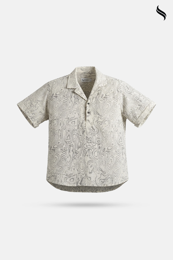 SEESHELL Men's Katua Cuban Shirt Blended Cotton White Grey (White- Grey Color) 03