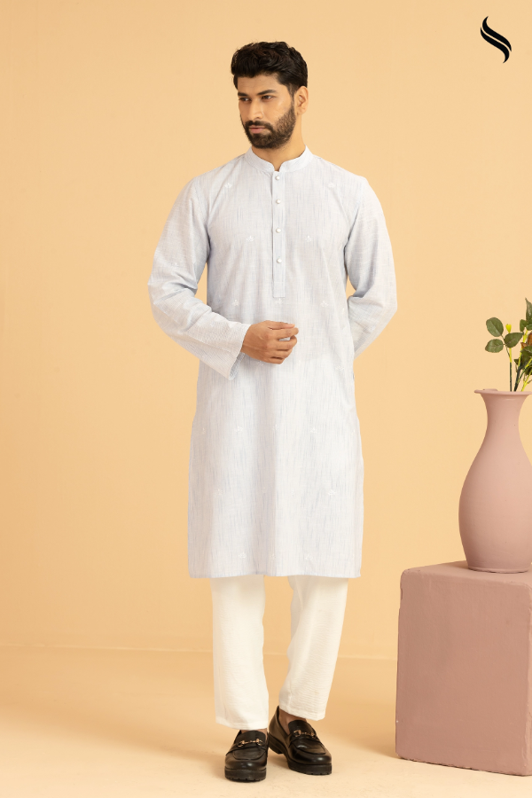 SEESHELL Men's Panjabi Cotton Tambour Threadwork Light Blue
