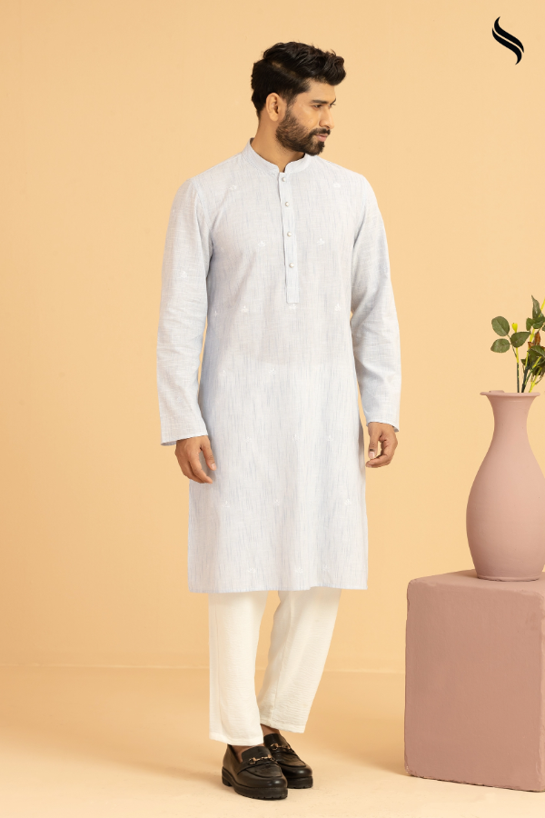 SEESHELL Men's Panjabi Cotton Tambour Threadwork Light Blue (White Color) 02