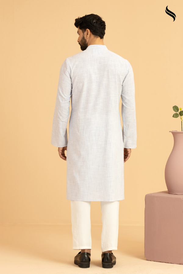SEESHELL Men's Panjabi Cotton Tambour Threadwork Light Blue (White Color) 03