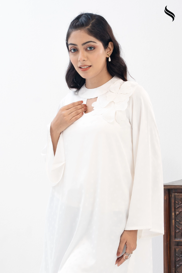 SEESHELL Women's Top Premium Silk 3D Flower Yoke White (White Color) 03