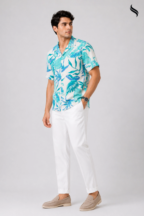SEESHELL Men's Cuban Shirt Blended Slub Cotton Print White Teal