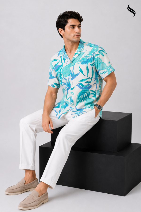 SEESHELL Men's Cuban Shirt Blended Slub Cotton Print White Teal (White- Teal Color) 02