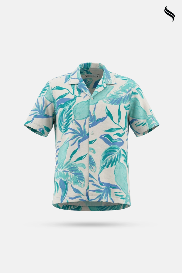 SEESHELL Men's Cuban Shirt Blended Slub Cotton Print White Teal (White- Teal Color) 03
