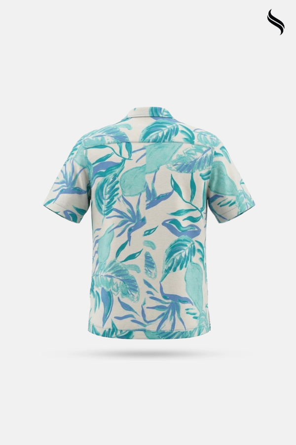 SEESHELL Men's Cuban Shirt Blended Slub Cotton Print White Teal (White- Teal Color) 04