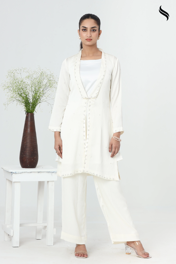 SEESHELL Women's Two Piece Premium Silk Zardosi White