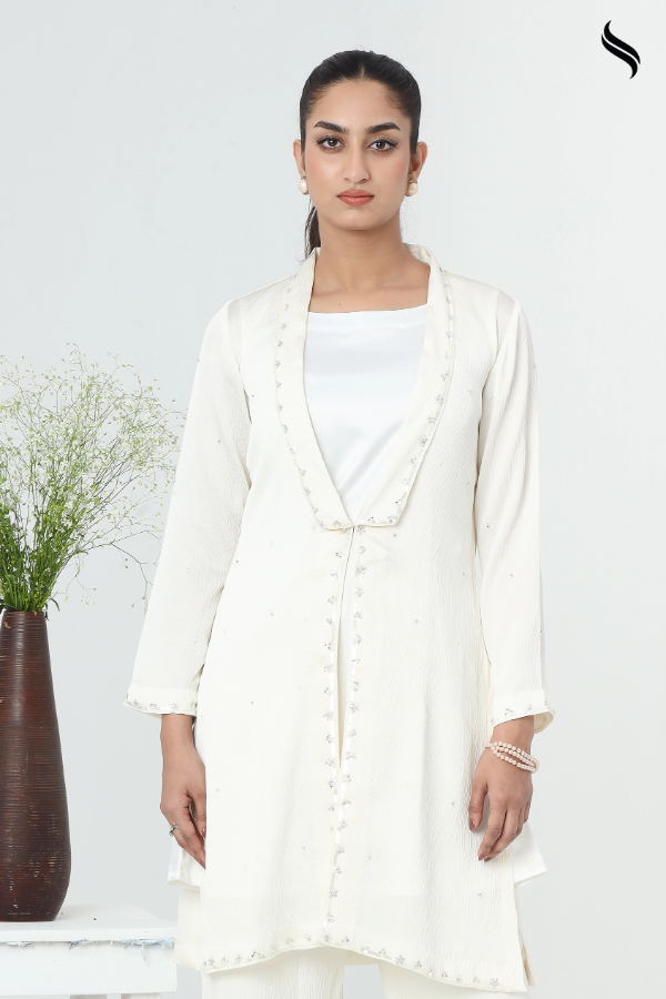 SEESHELL Women's Two Piece Premium Silk Zardosi White (White Color) 02