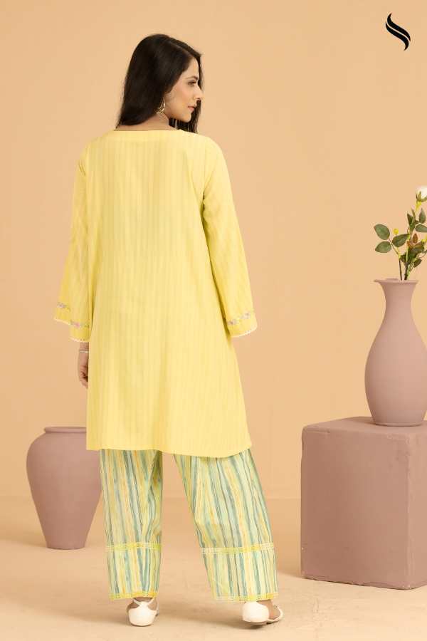 SEESHELL Women's Two Piece Viscose Linen Lace Yellow Green (Yellow and green Color) 03