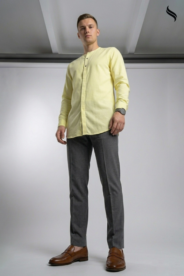SEESHELL Men's Crew Neck Shirt Tensile Cotton Yellow (Yellow Color) 02