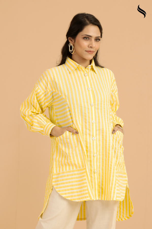 SEESHELL Women's Shirt Viscose Pearl Buttons Yellow (Yellow Color) 02