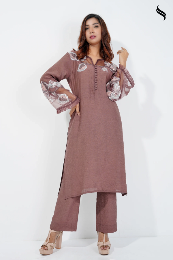 Zardosi two piece set with cutwork on sleeve (Brown Color) 01