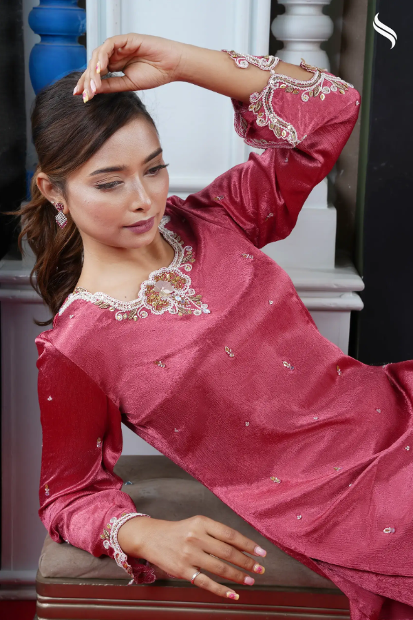 Zardosi two piece set with cutwork on sleeve (Rustic rose Color) 02