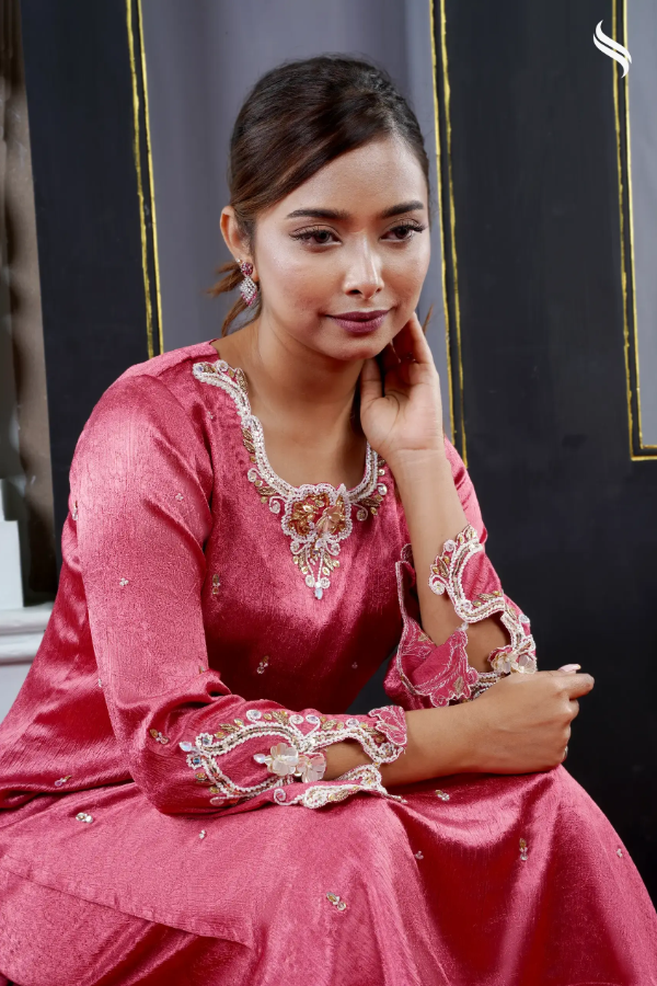 Zardosi two piece set with cutwork on sleeve (Rustic rose Color) 04