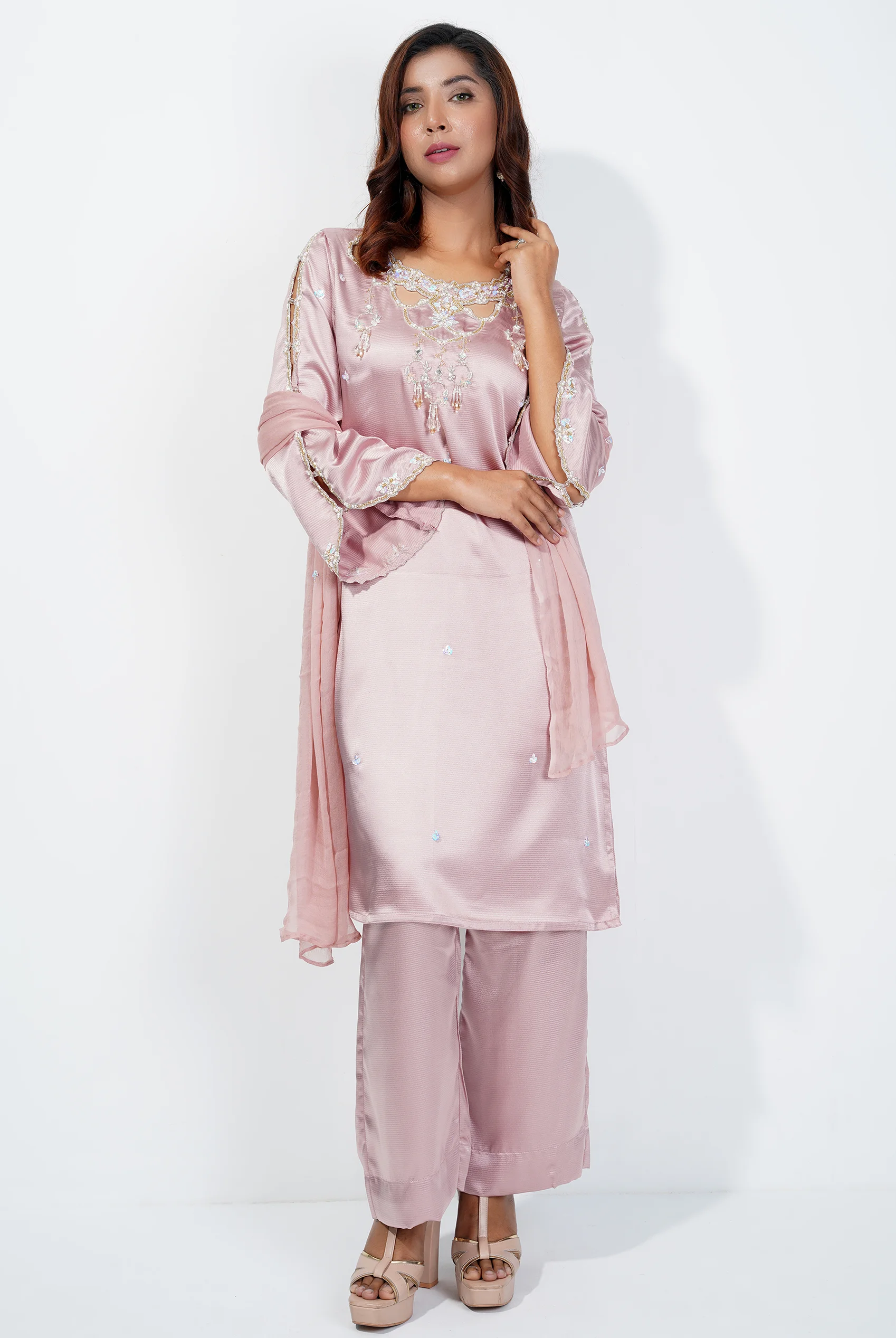 Chandelier Neckline Dress With Cutwork Sleeve