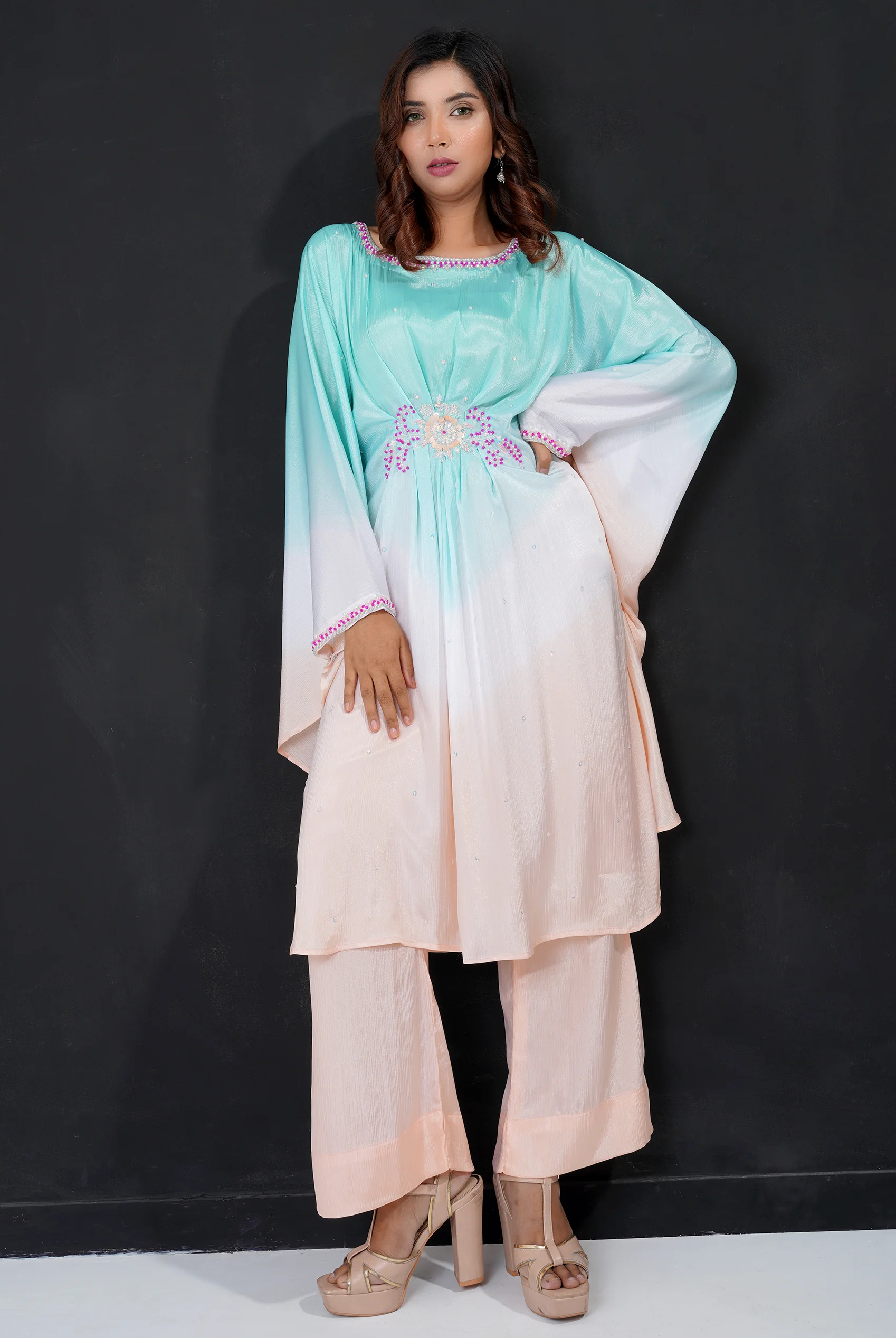 Mint and peach ombre kaftan two piece set with with zardousi work
