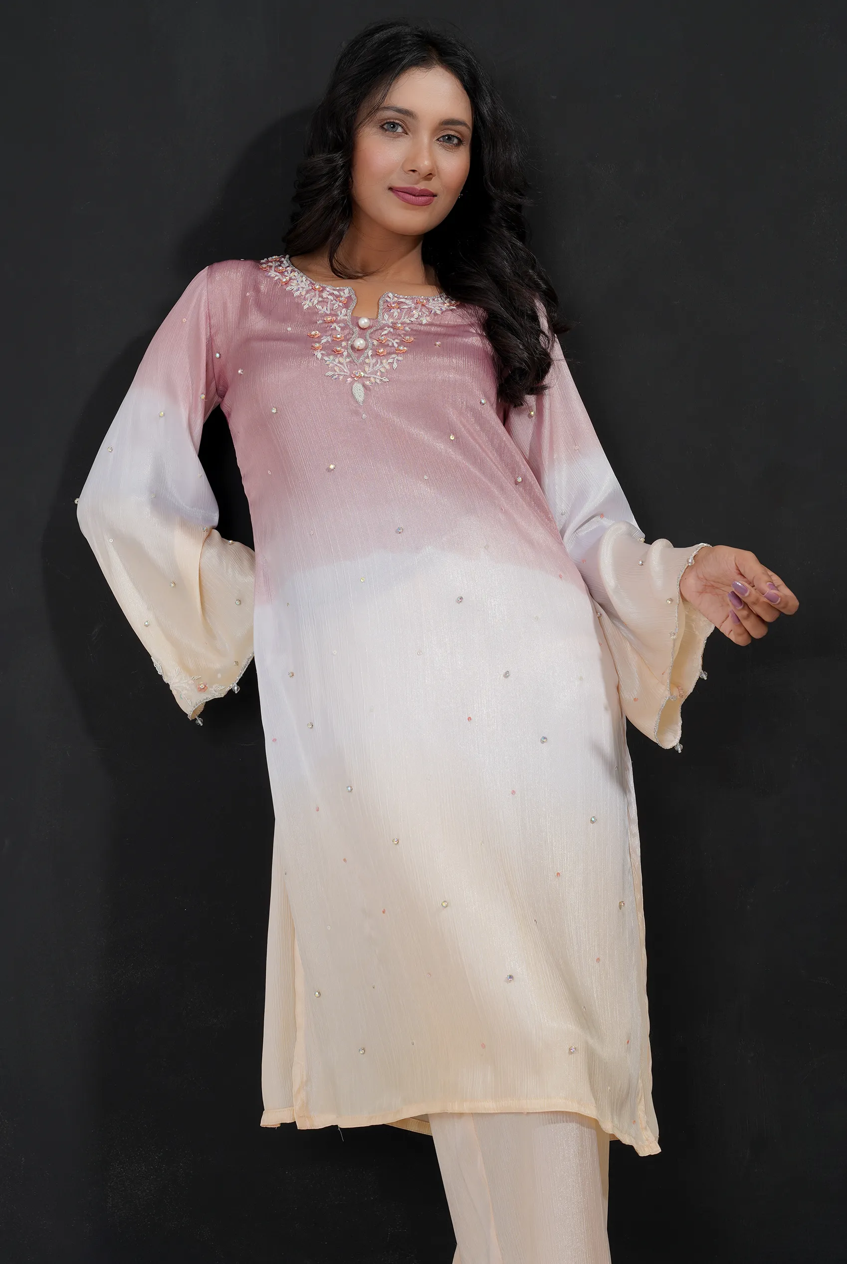 Pale yellow- lavender ombre with floral zardousi work