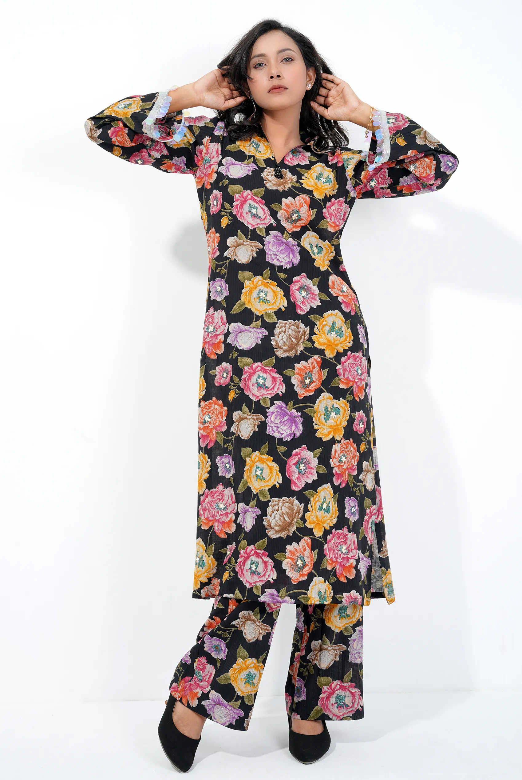 Black Floral Printed Set With Shirt Style Collar