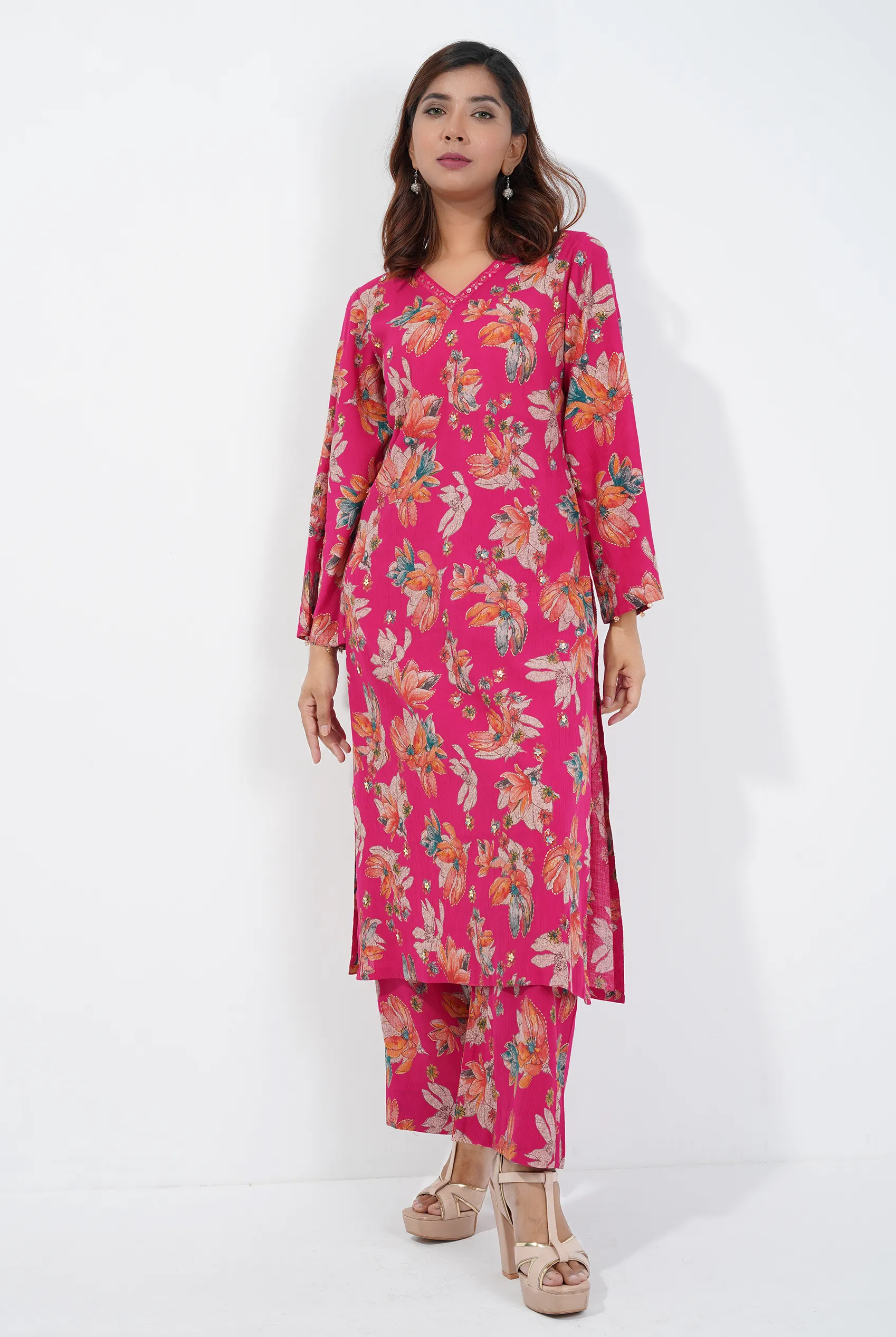 Floral Printed V-neck Set With Sequin Work