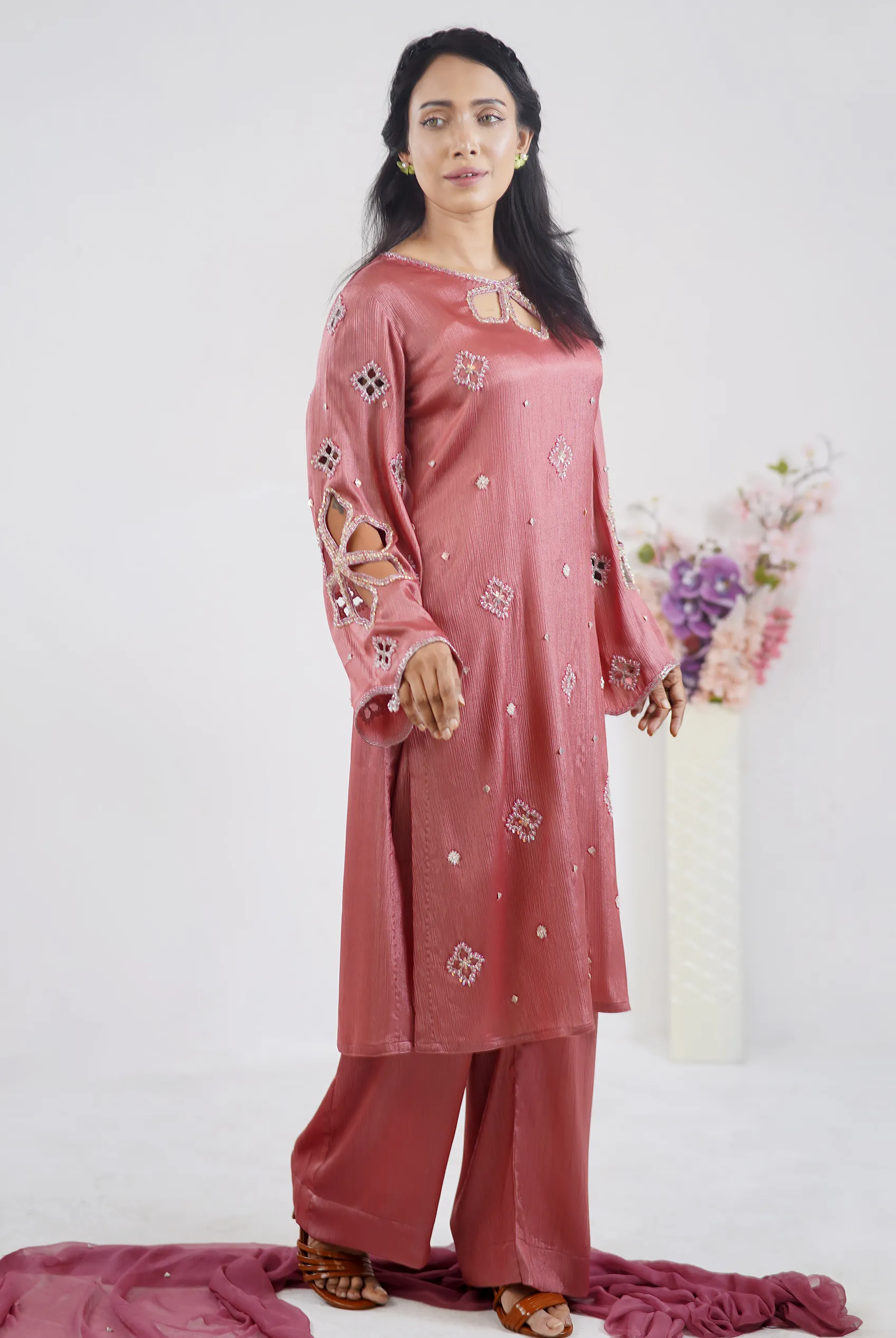 Luxury Silk Three Piece Set With Cutwork Design