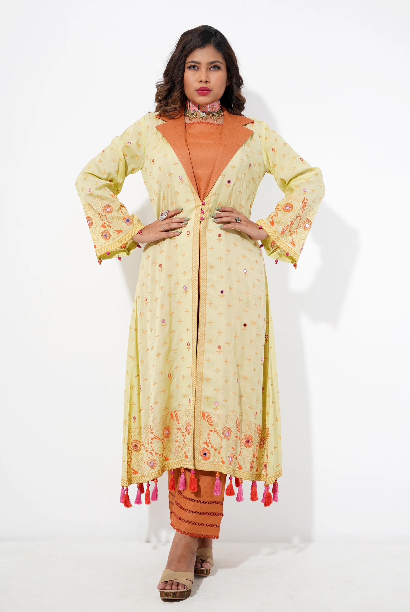 Cotton Coatie Set With Block Print And Mirror Work