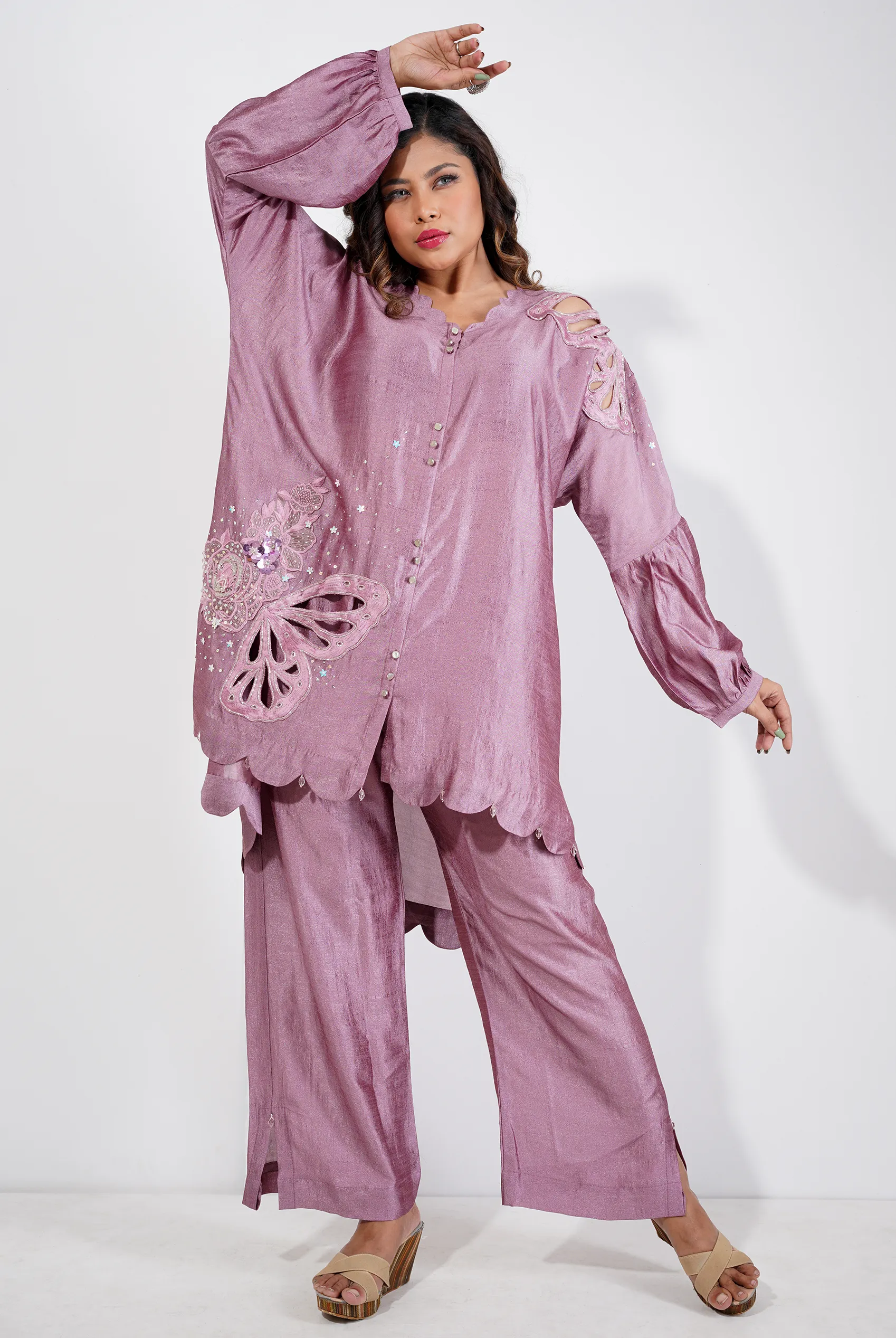 Kaftan style two piece set with butterfly cutwork