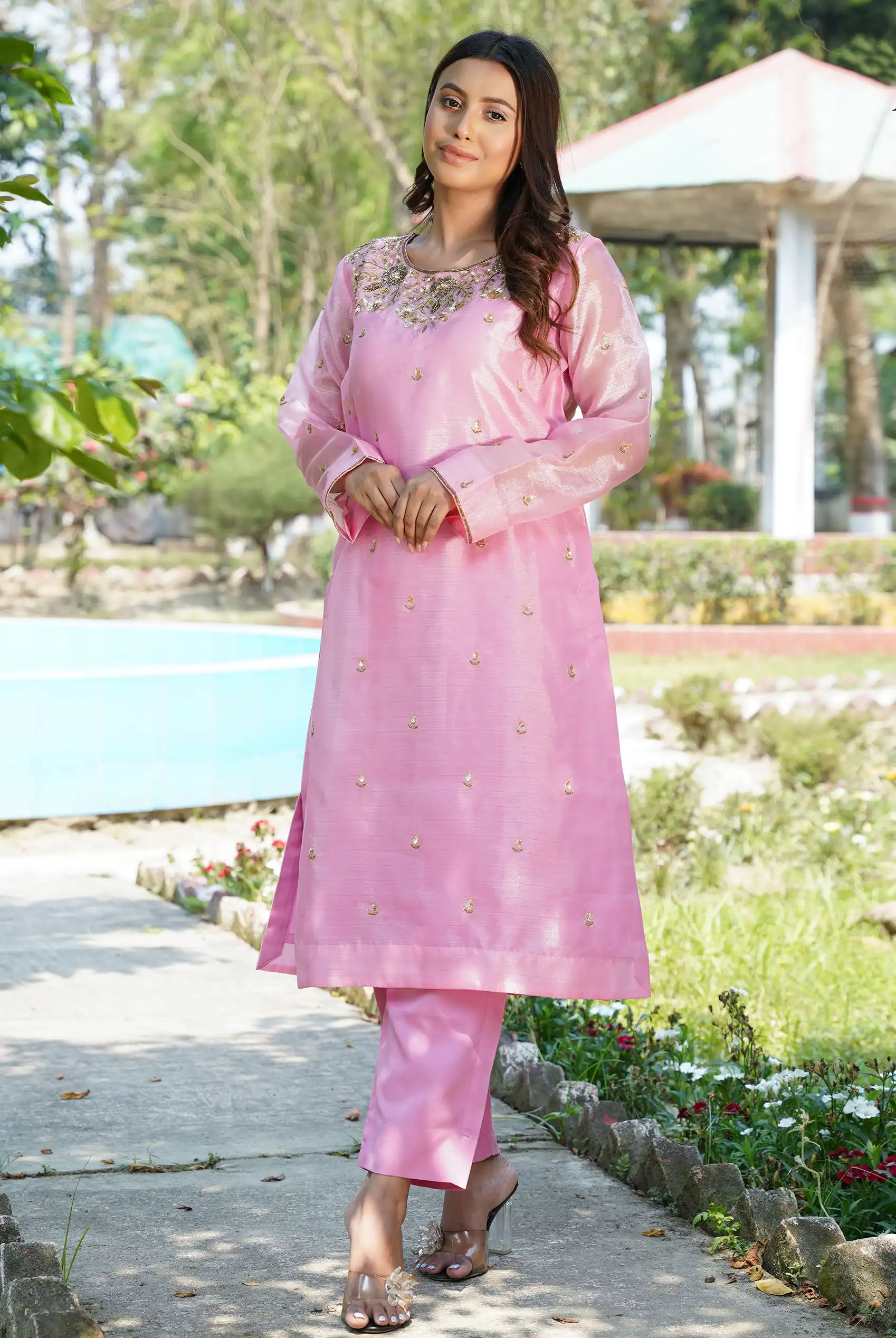 Baby Pink Organza Zardousi Two Piece Set