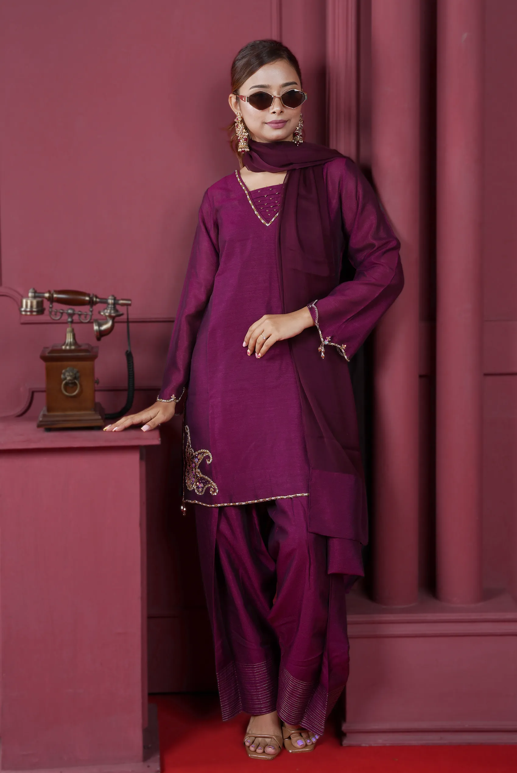 Farsi three piece set with zardosi work on hemline border