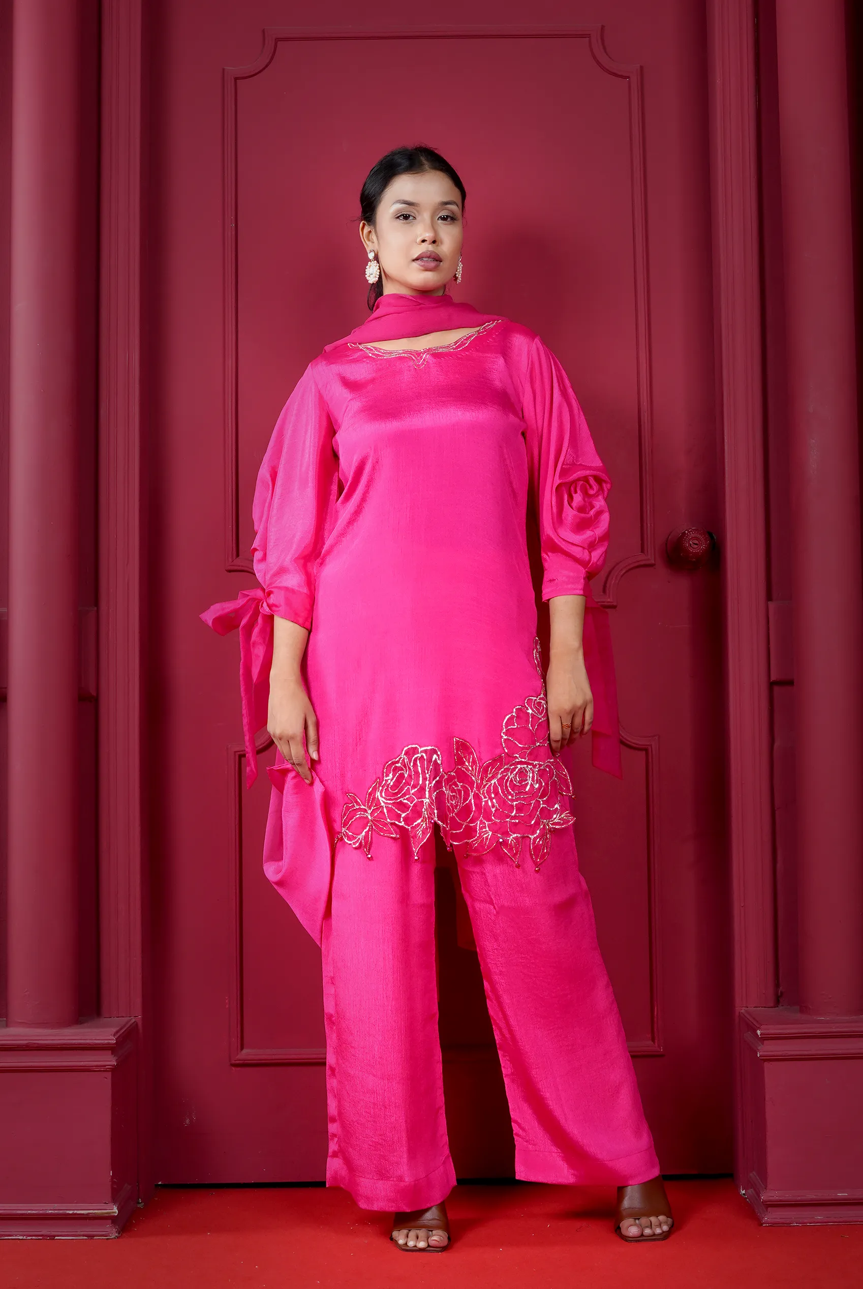 Farsi three piece set with karchupi zardosi work and rose sleeves
