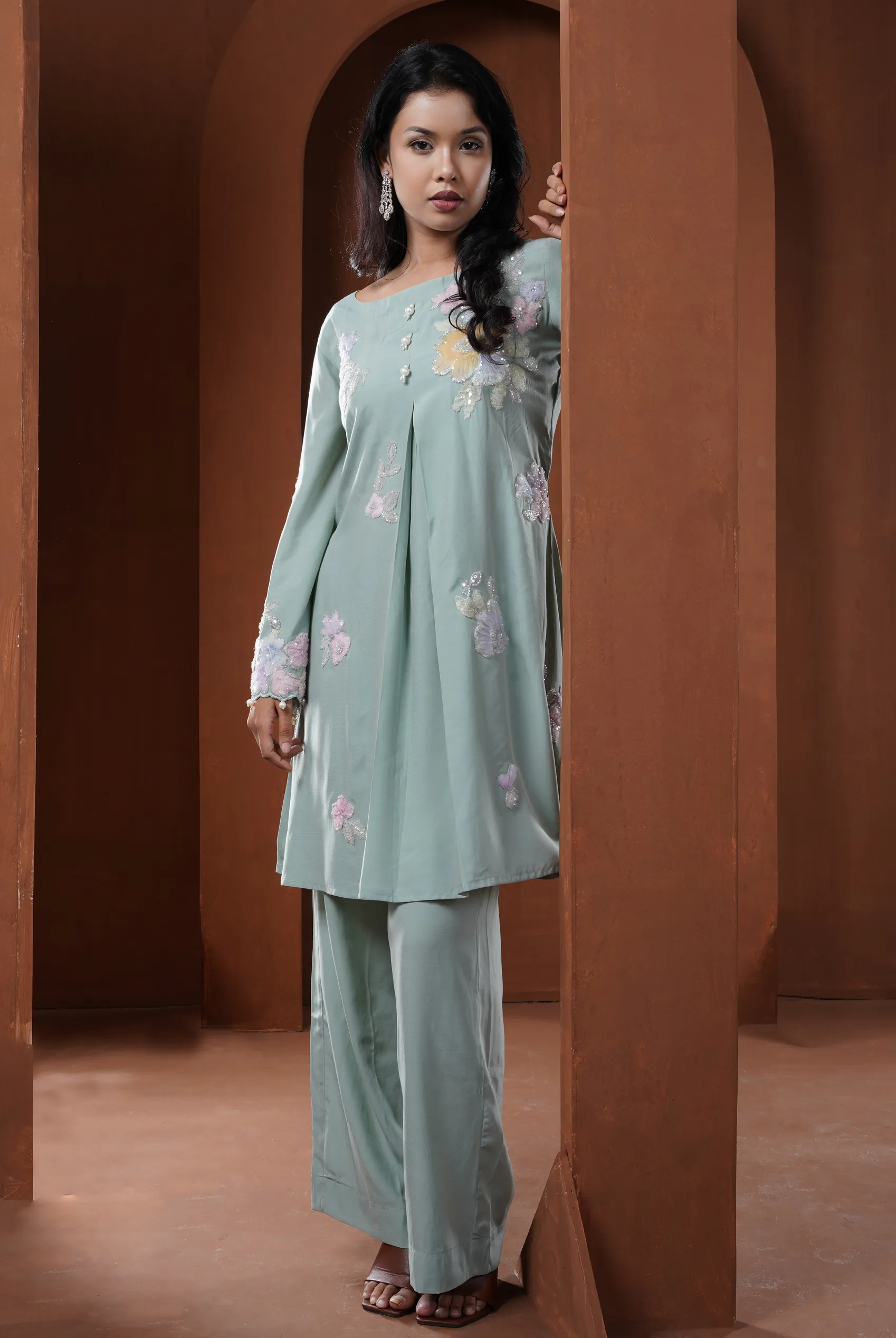 Embroidered pastel floral applique two piece set
