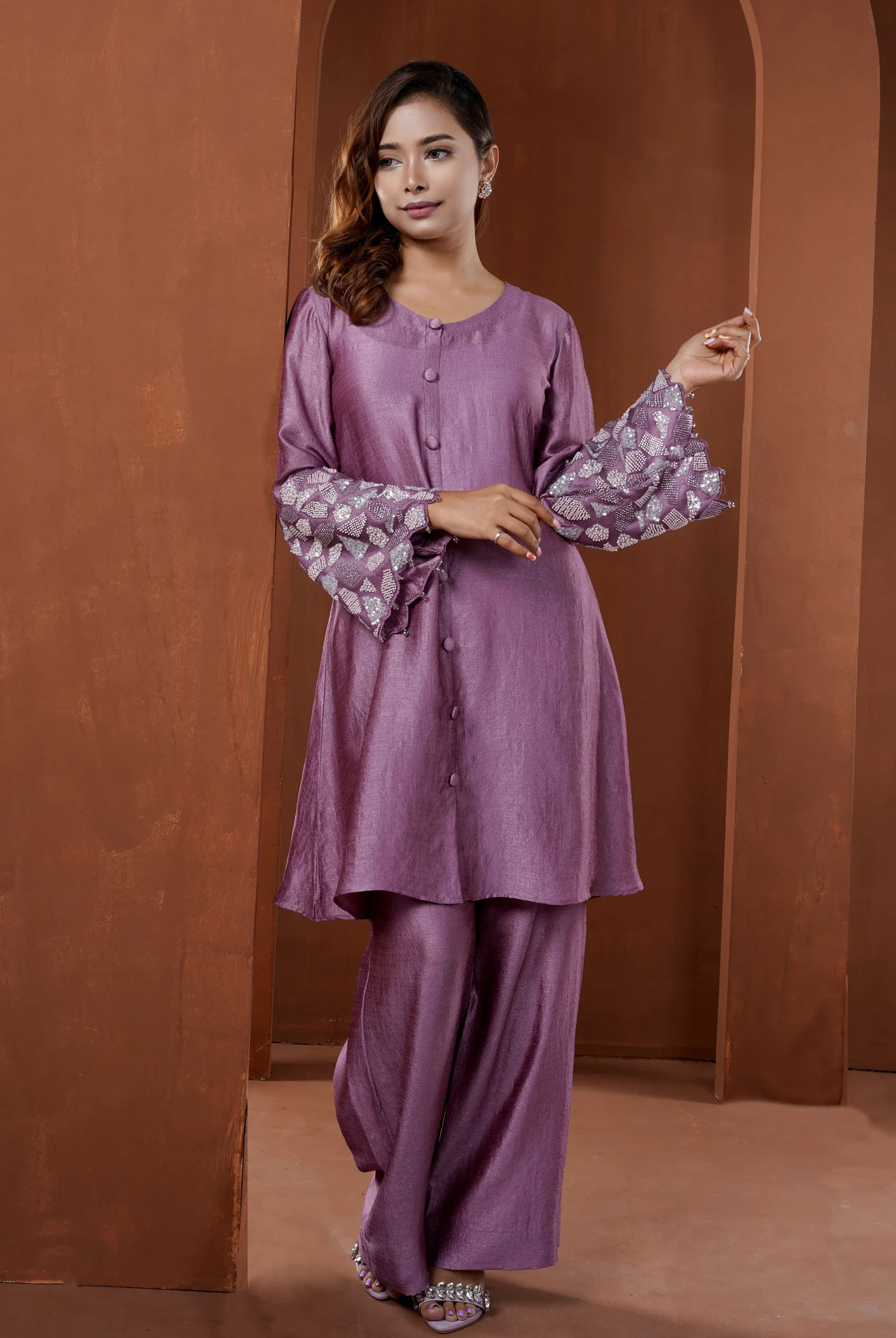 Shirt style two piece set with embroidered geometric applique