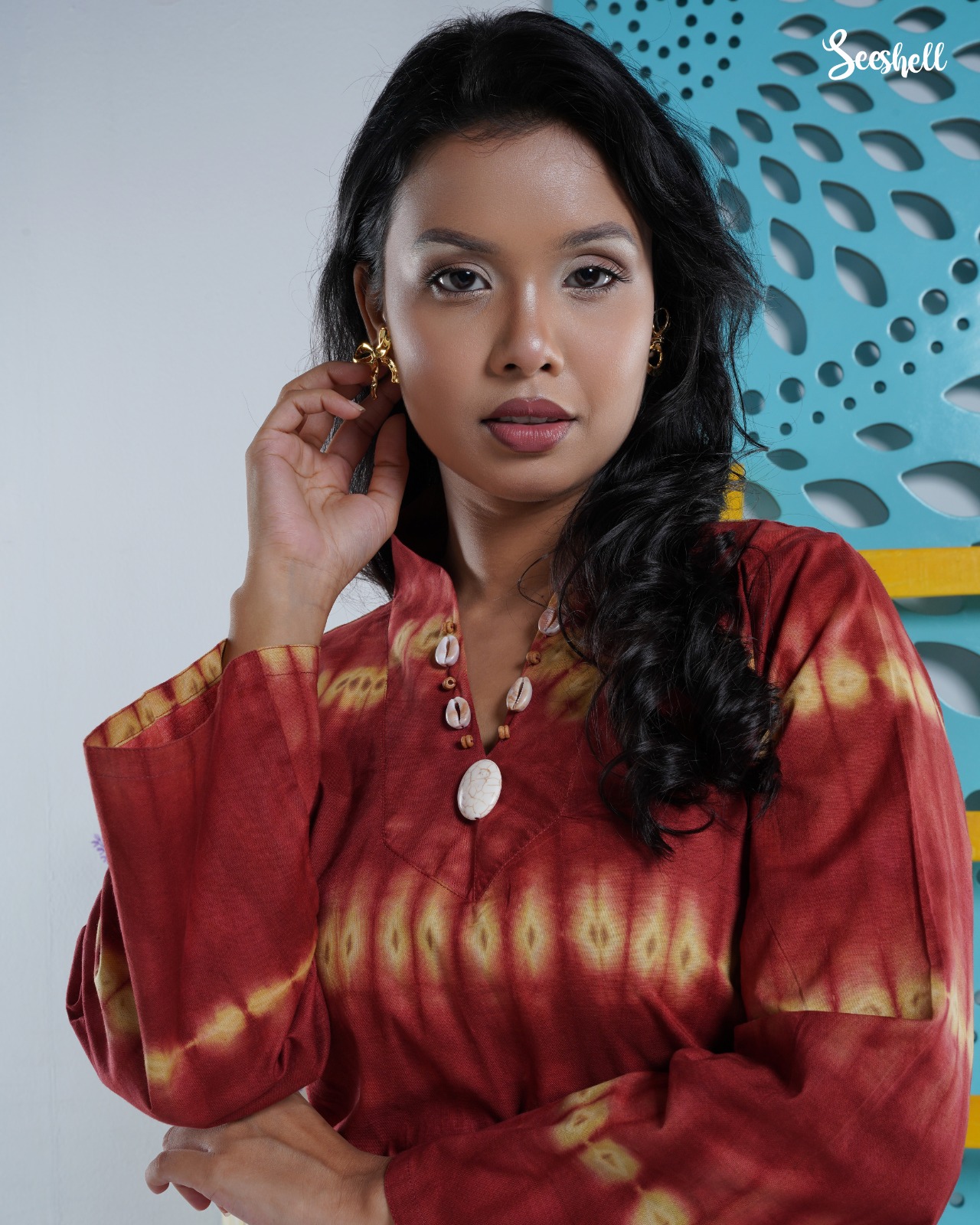Brink and yellow tie dye two piece set with shell beading
