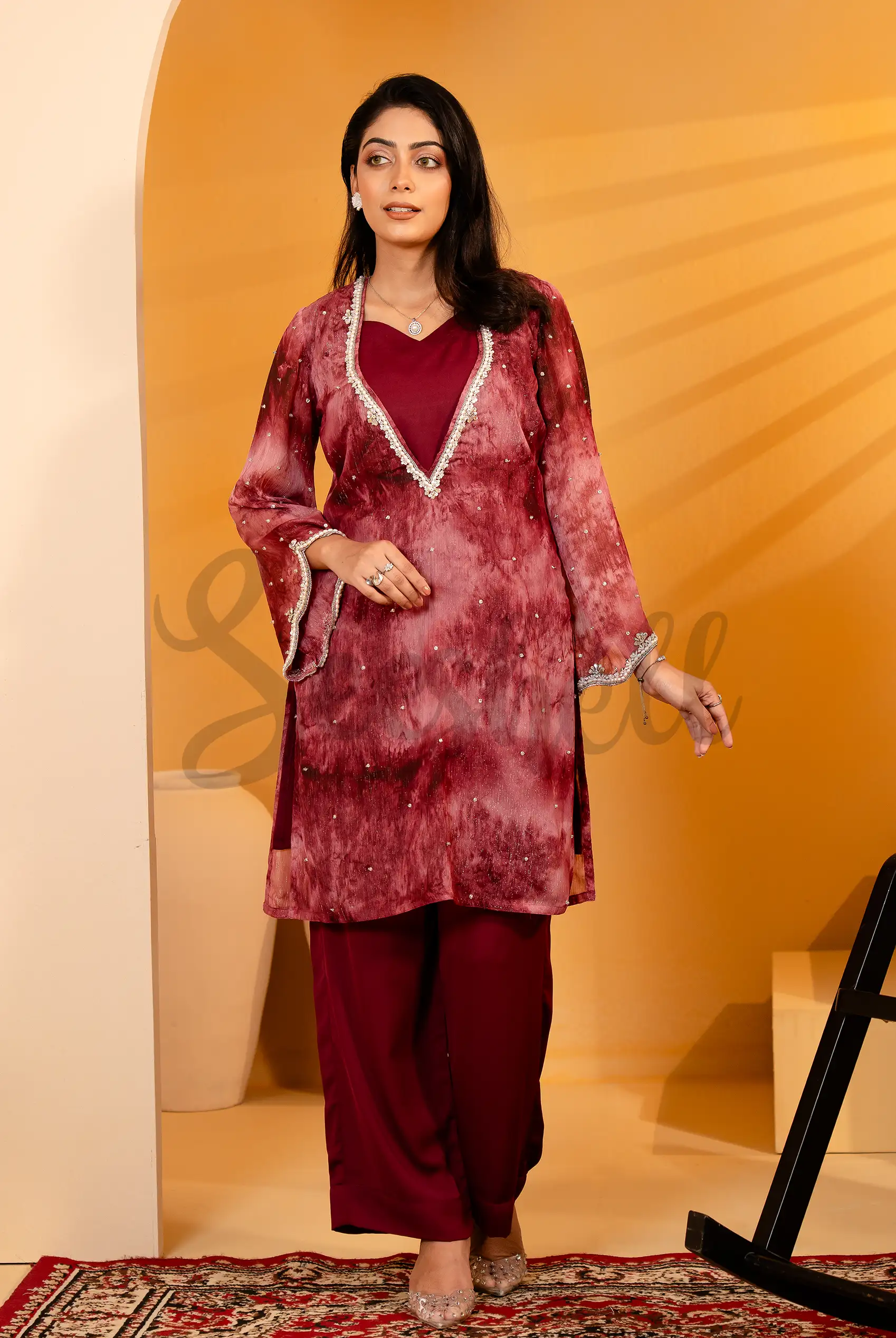 Crimson Red Karchupi 2 Piece Set with Long Wavy V-neck