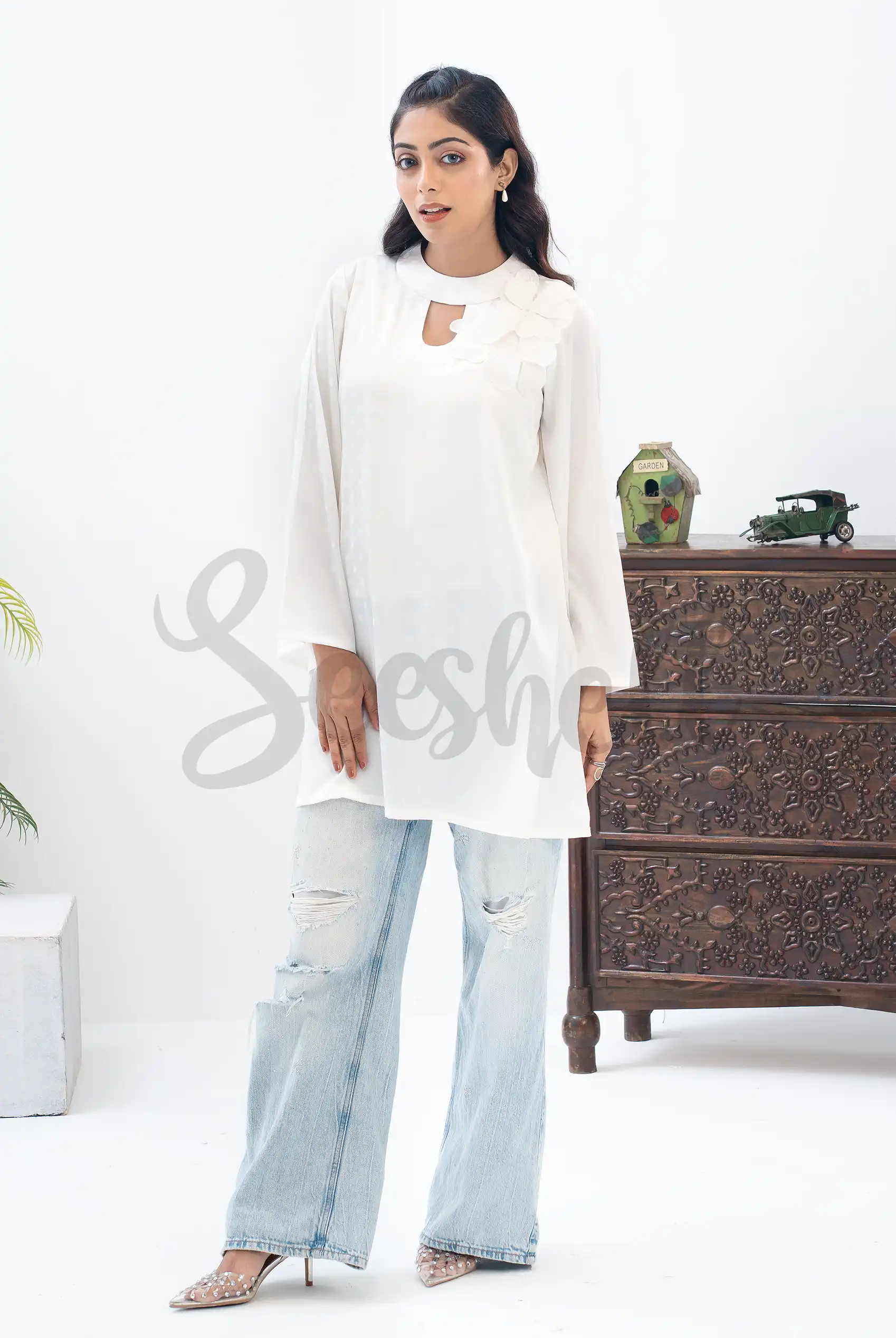 White Premium Silk Top with 3D Flower Yoke