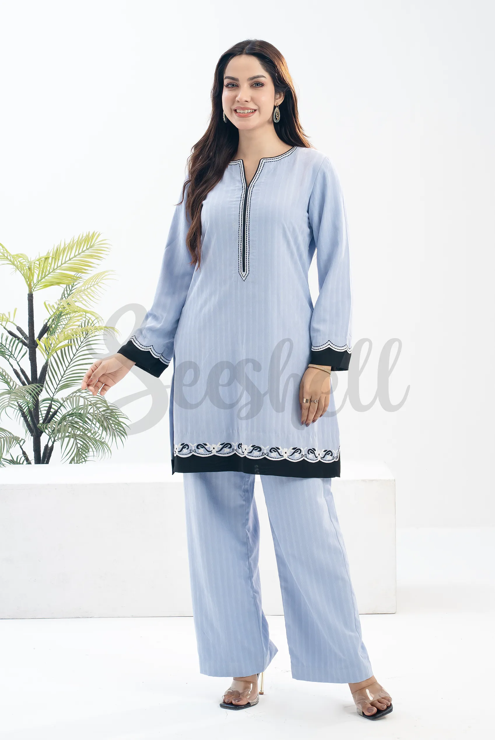 Pale Blue Co-ord Set with Black & White Embroidery