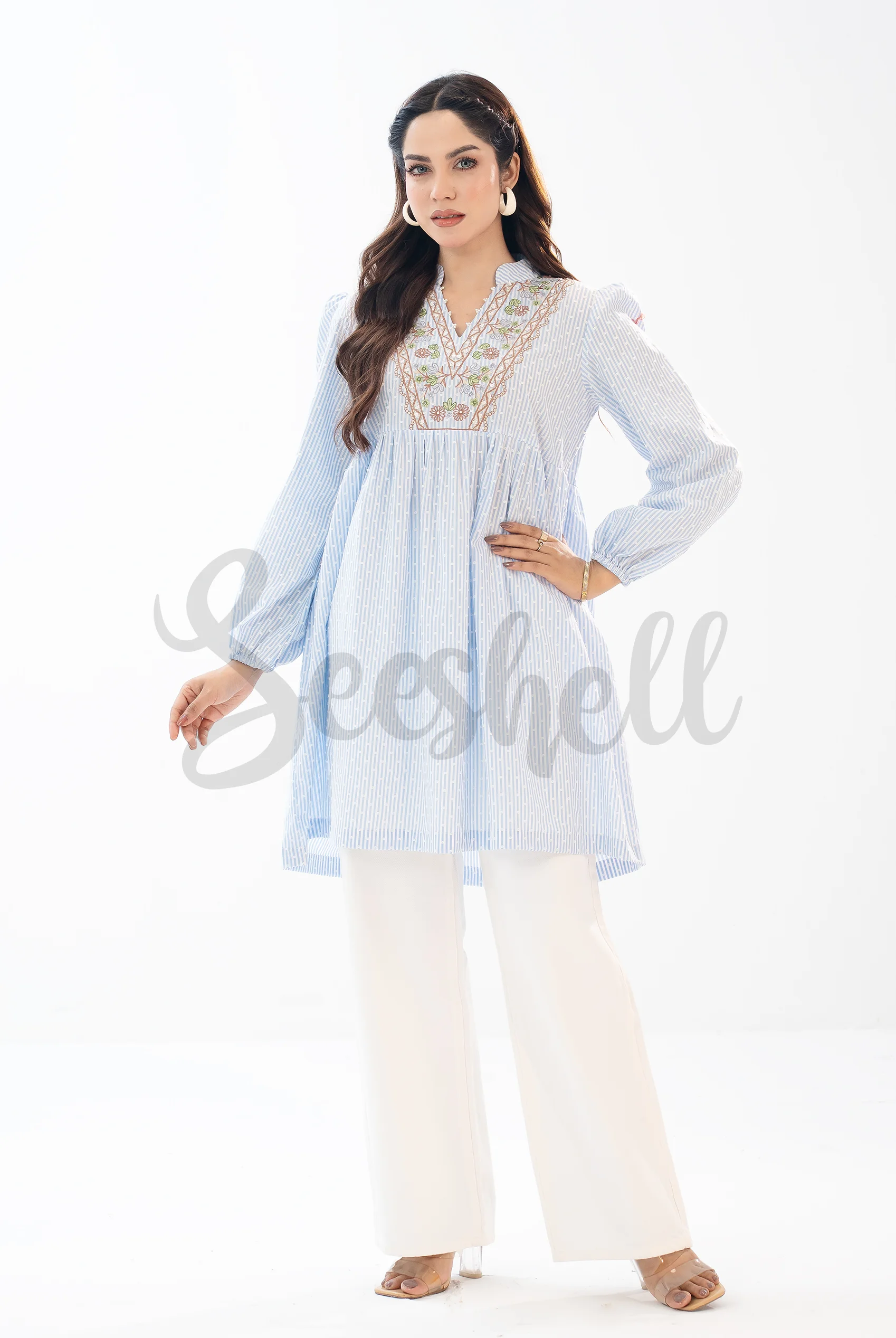 Embossed Striped Sky Blue Cotton with Floral Embroidery