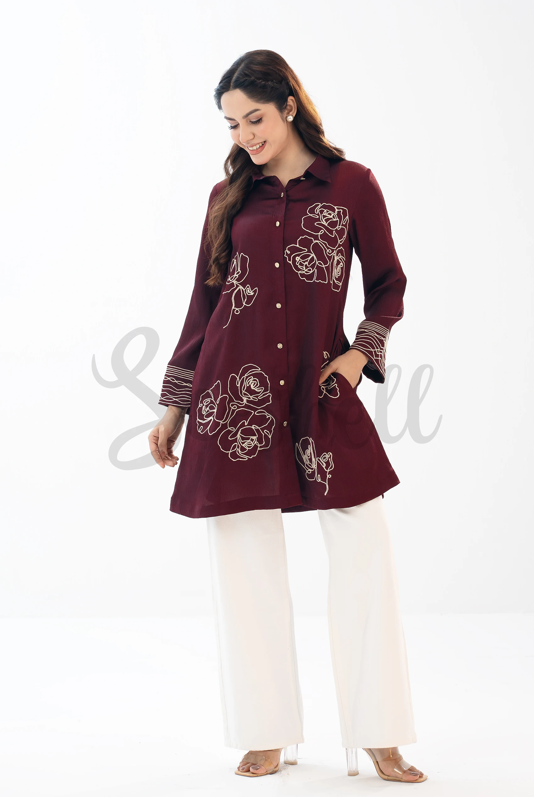 Maroon Premium Crinkle Silk Shirt with Cord Embroidery