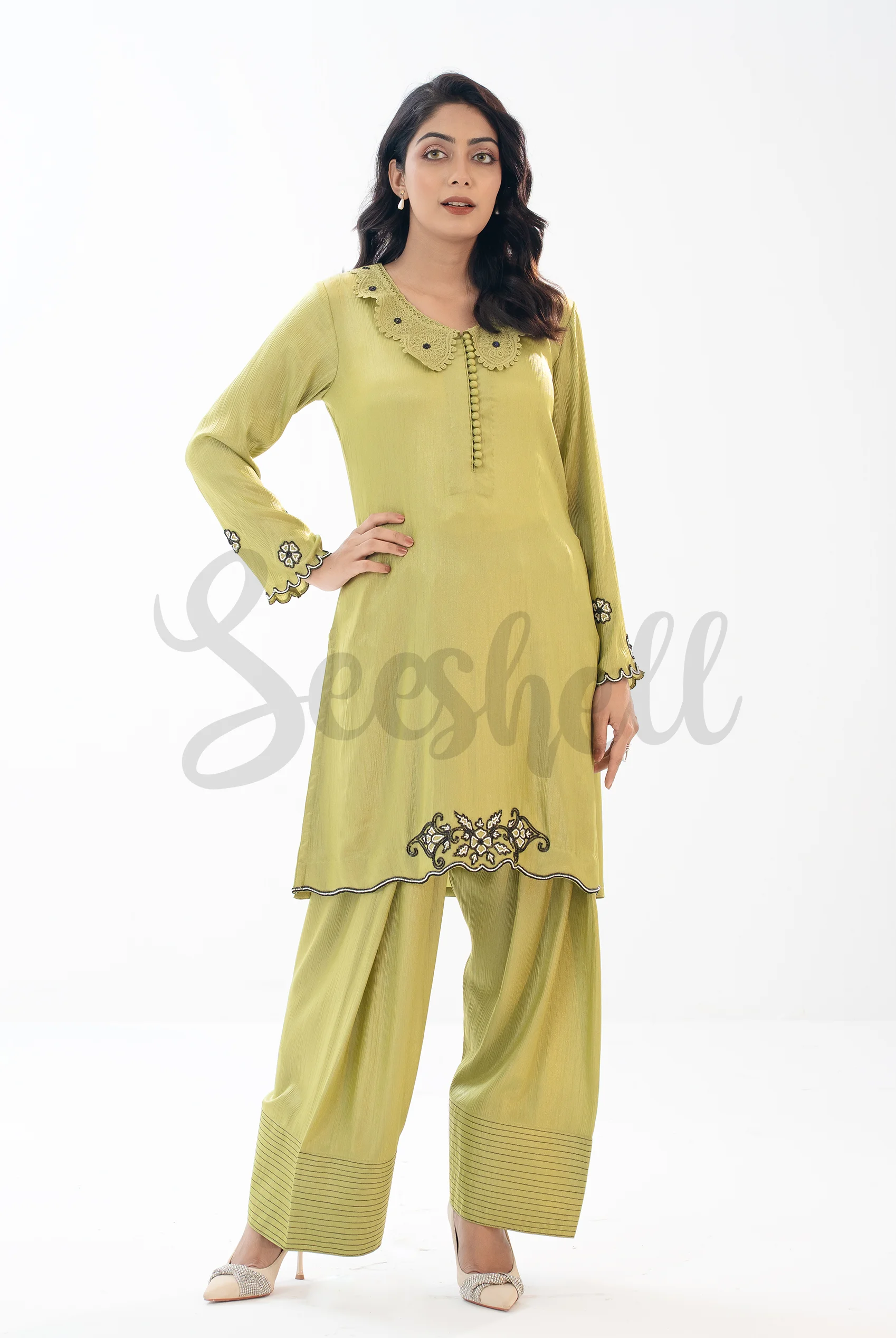 Lime Green Farsi Set with Black & White Beading