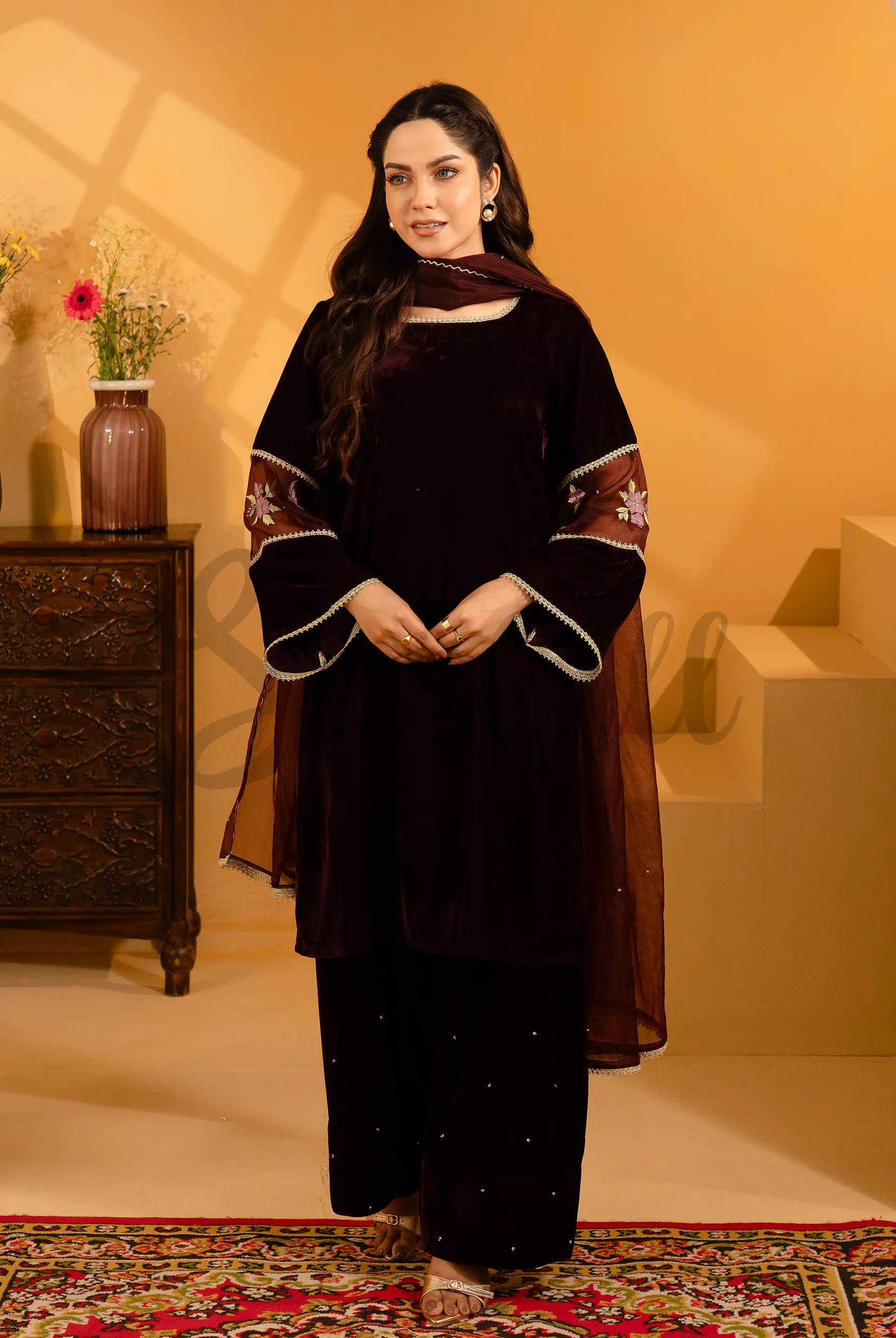 Teal Embroidery & Karchupi Velvet Exclusive 3 Piece