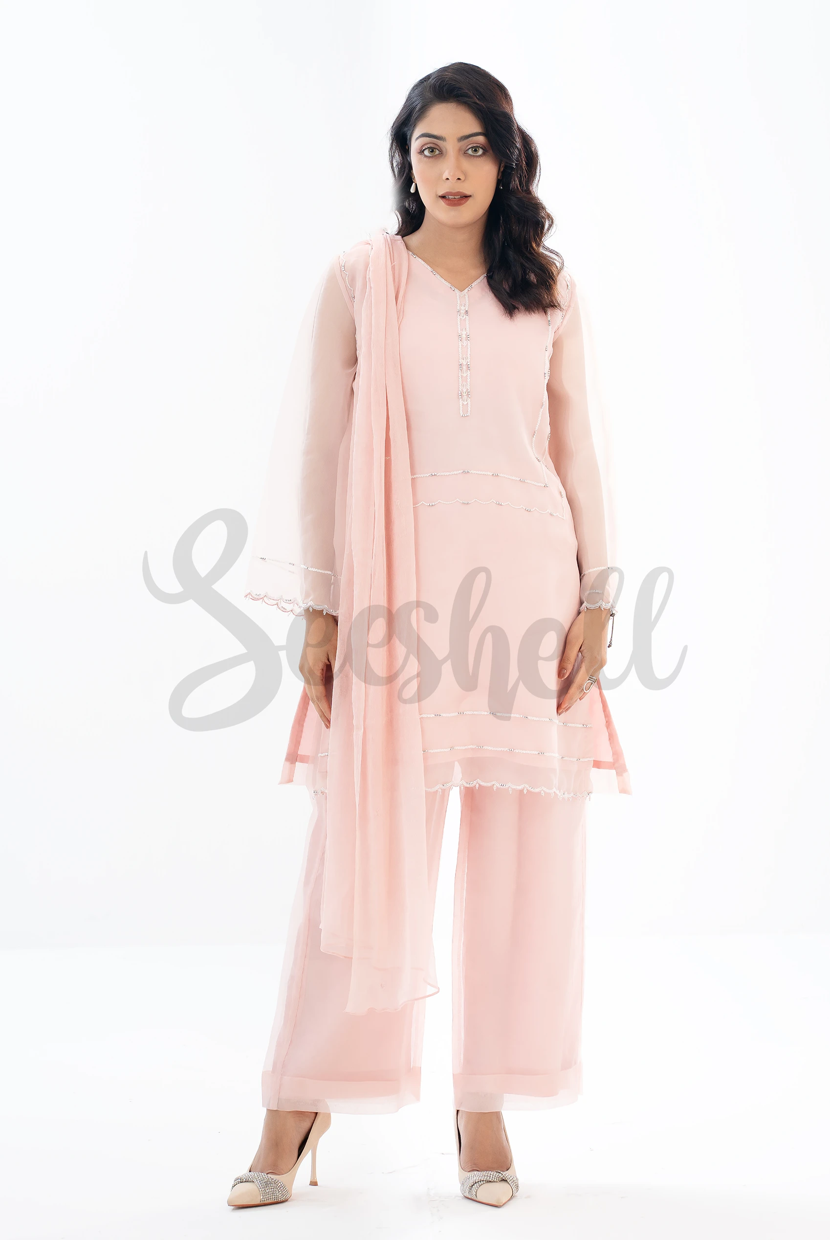 Baby Pink Karchupi 3 Piece Set with Crystal & Katdana Work