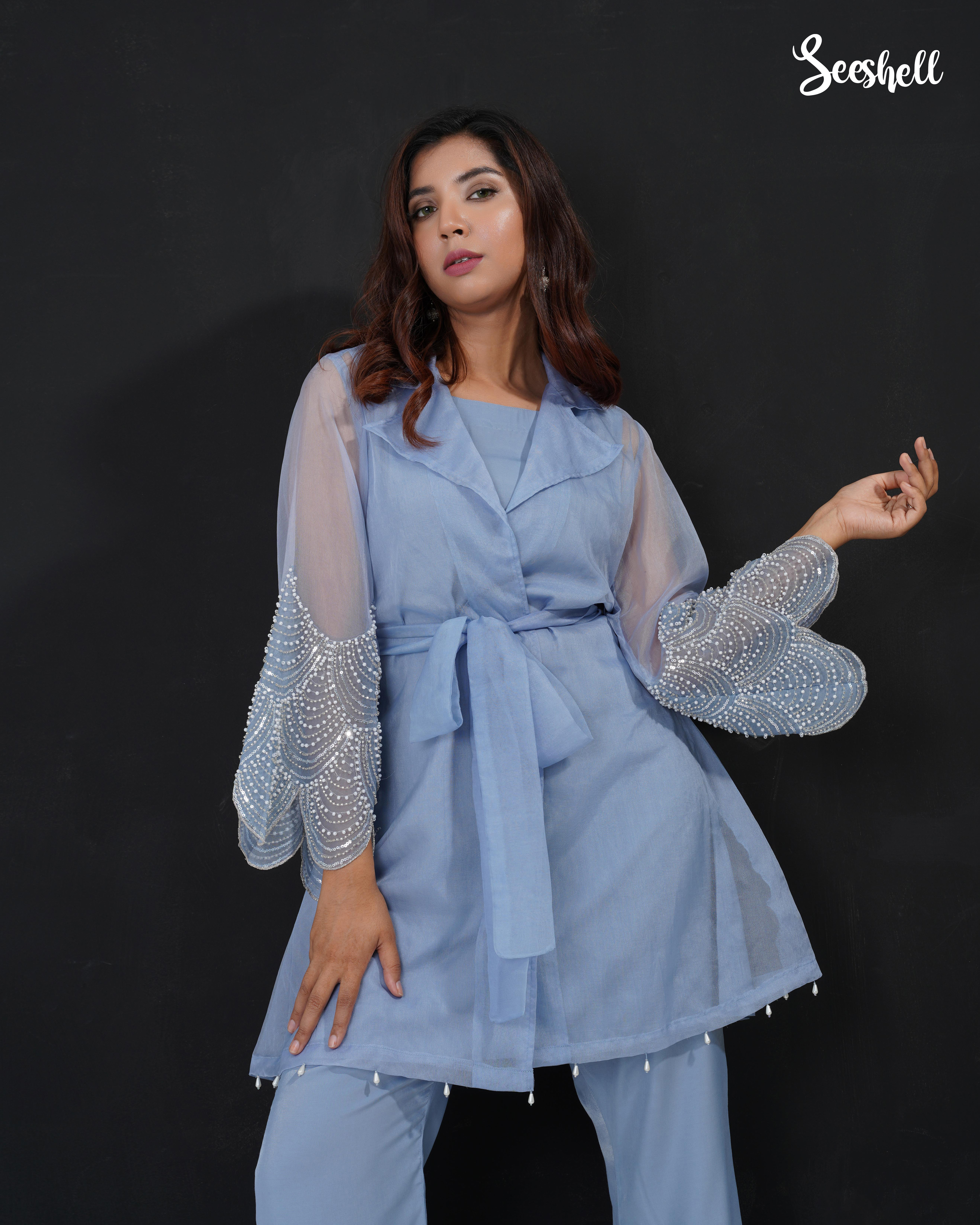 Muslin & swiss velvet Color- Ash blue & Mint Embellishment- Pearl applique & pearl fringes