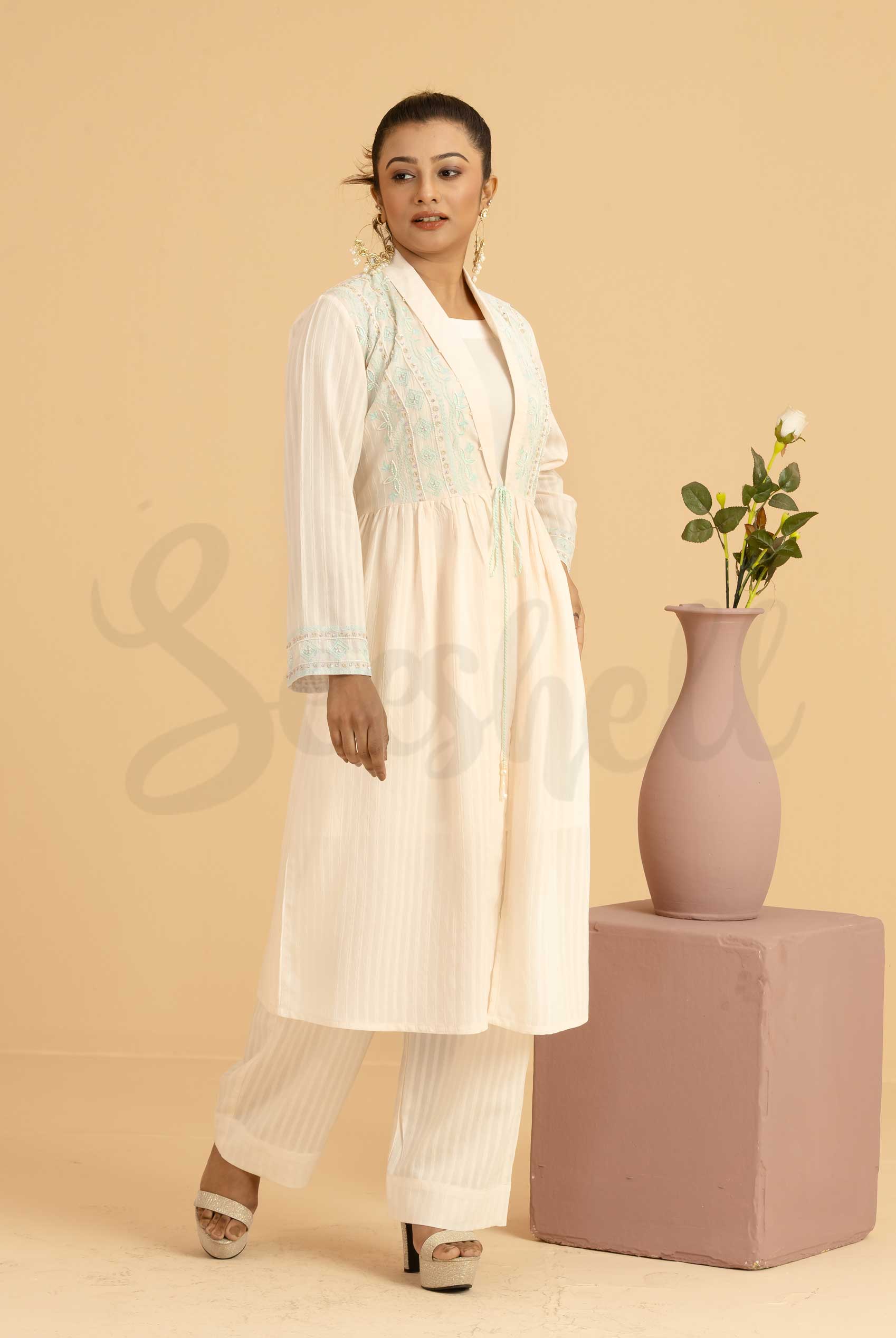Creamy White Koti Embroidered Two Piece Set with Tambour Beading