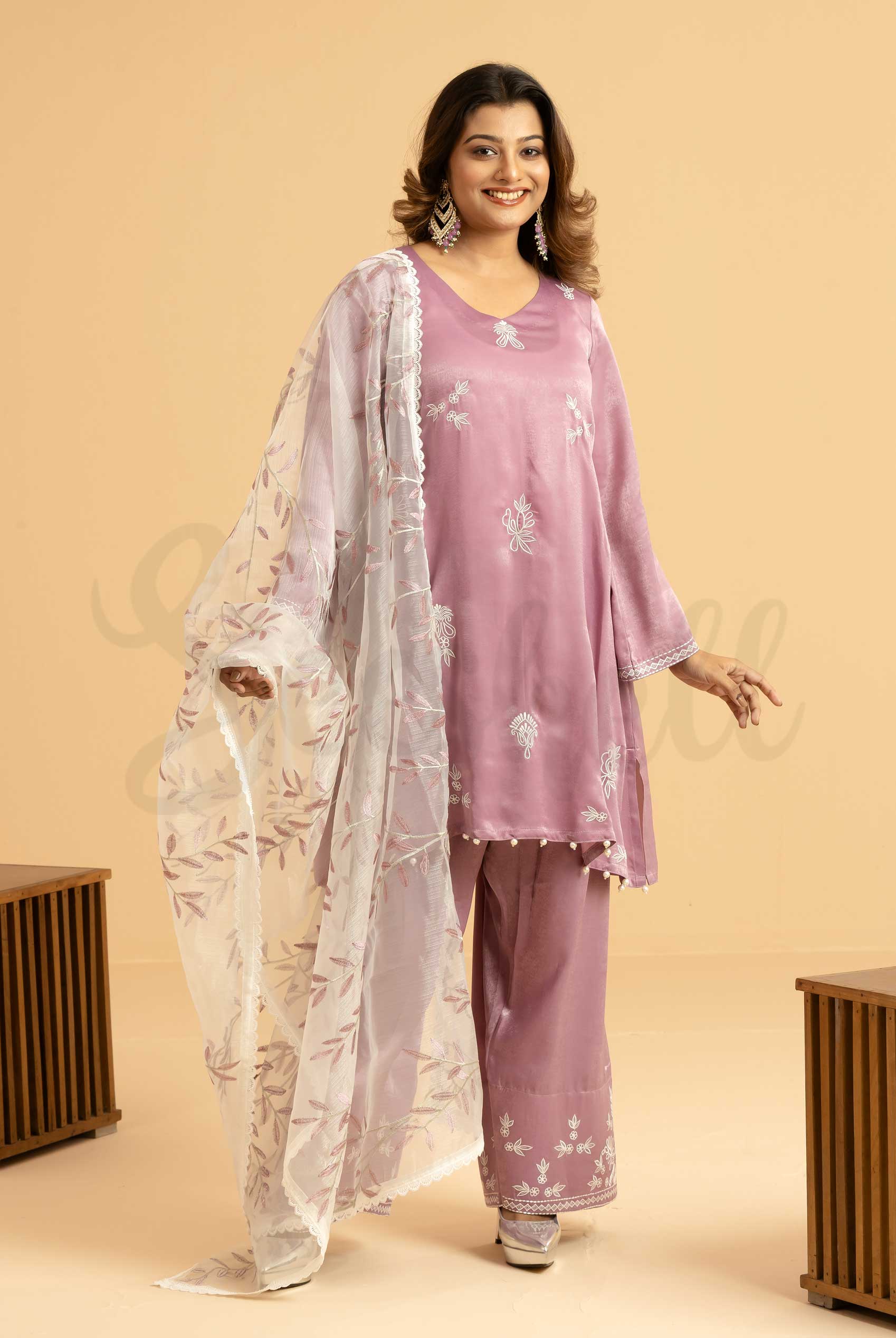 Lilac Three Piece Set with All Over Embroidery