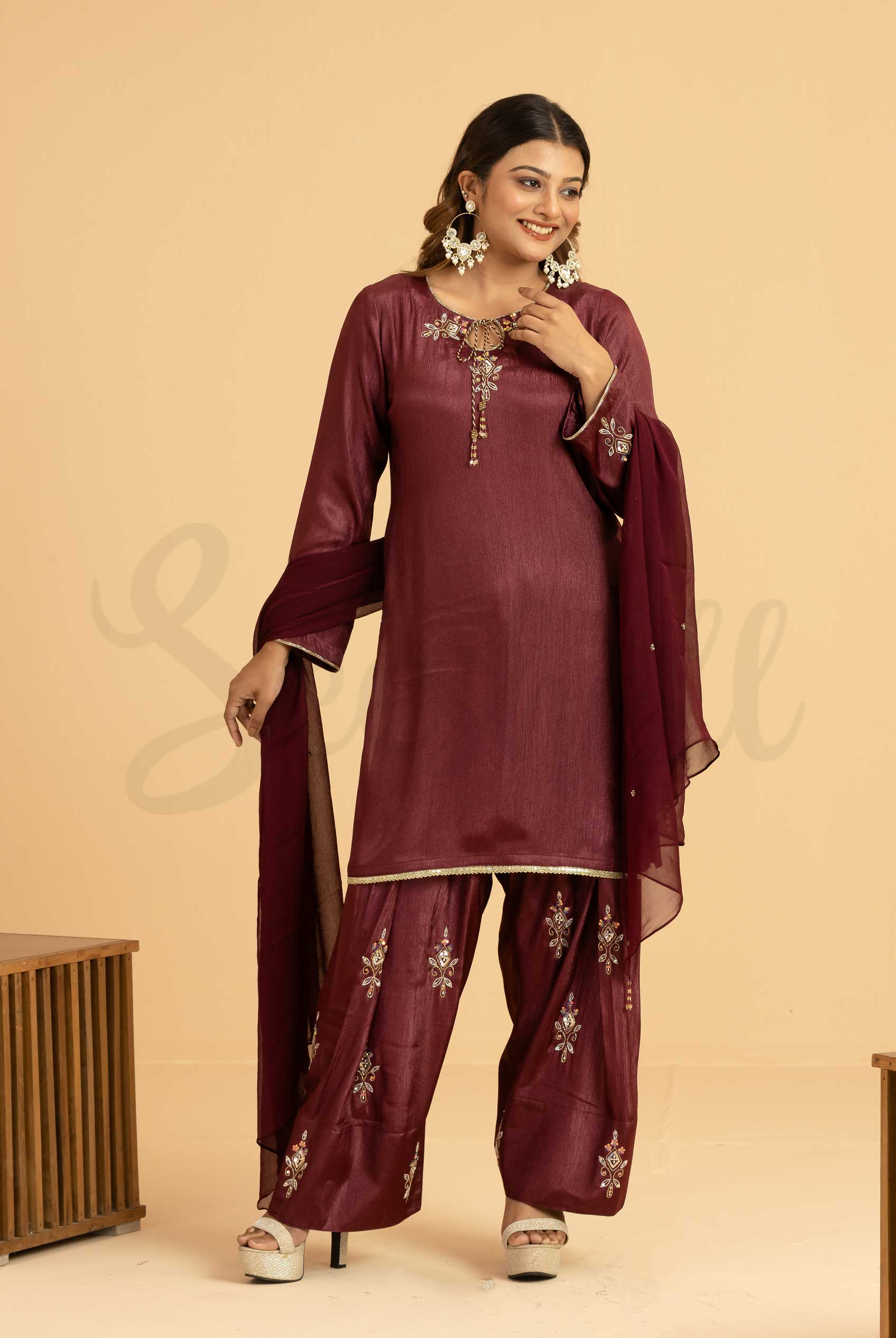 Burgundy Farsi Three Piece Set with Tanbour Bead Work